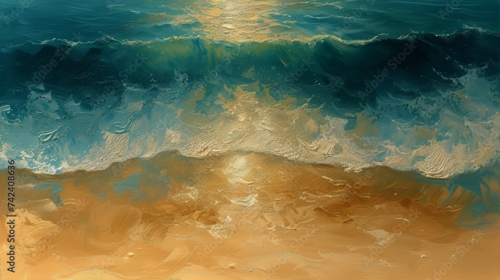 A Painting of a Beach Scene With Waves