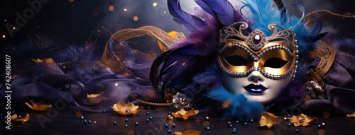 carnival mask in blue and purple color background with feathers