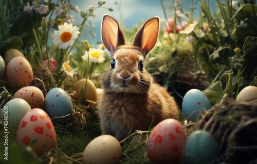 an easter rabbit with colored eggs in the grass