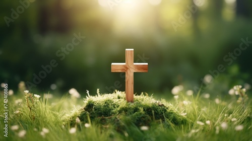 wooden cross on the green grass
