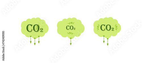 Vector set of CO2, carbon dioxide emissions reduction icons. With green cloud symbol, environmental improvement, ecology, climate change. EPS 10, in flat style, isolated on a white background.