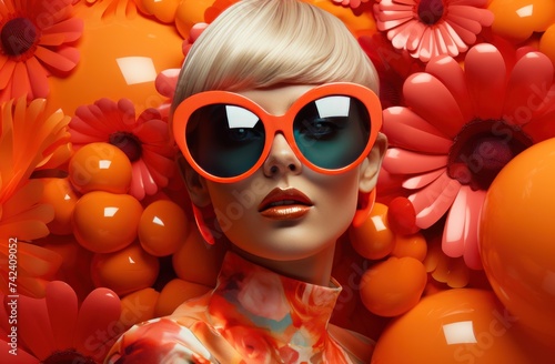 a fashion girl in glasses is dressed up with colorful flowers and balloons