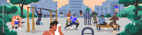 Street workout panorama. People practice on sport ground, do physical exercises, fitness on outdoor gym. Athletes do strength, cardio trainings in city park in evening. Flat vector illustration