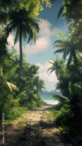 Serene Dirt Road Flanked by Palm Trees and Water