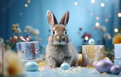 an easter bunny on a blue square background