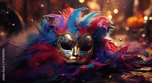 a carnival masquerade mask with colorful feathers and dangling feathers