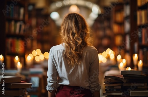 woman staring at books in the library