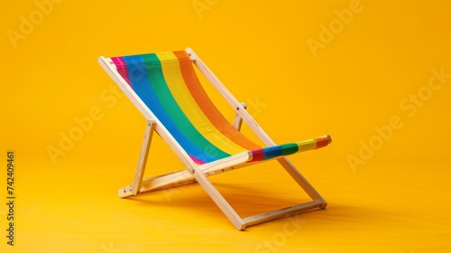 a single rainbow beach chair stands out against a clean, bright yellow background, evoking a sense of tranquility and solitude