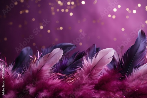 purple background with feathers and confetti
