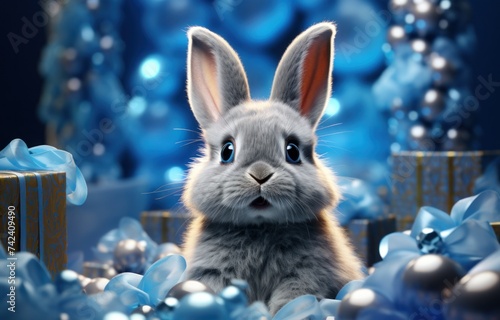 easter bunny in plastic gift box with presents
