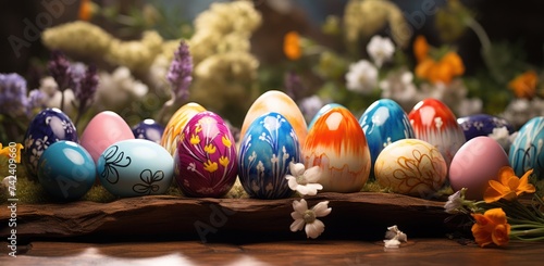 colorful eggs sitting in grass with flowers