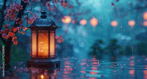 a lit lantern placed on a table in a room with glowing lights