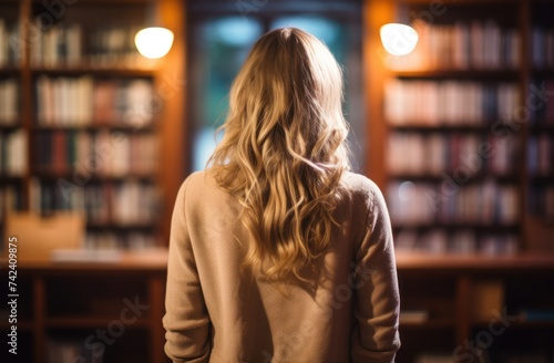 girl looking back at bookcase