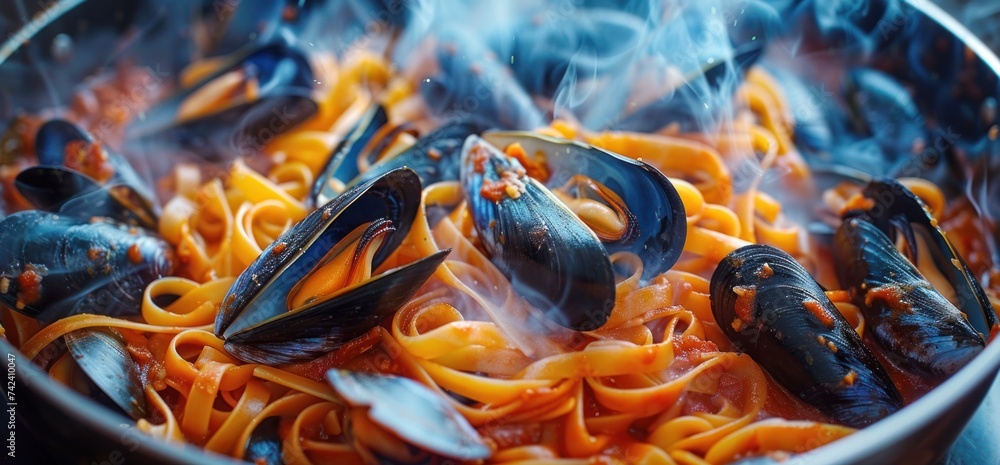 pasta, mussels and red wine in a pan, dark orange and blue