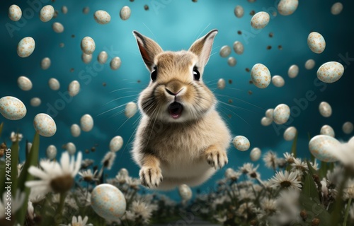 a rabbit in grass jumping around easter eggs