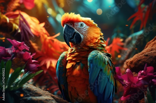 a parrot sitting near tropical leaves