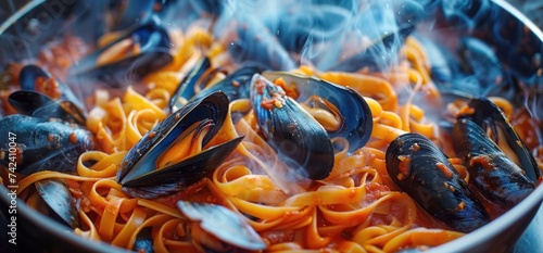 pasta, mussels and red wine in a pan, dark orange and blue