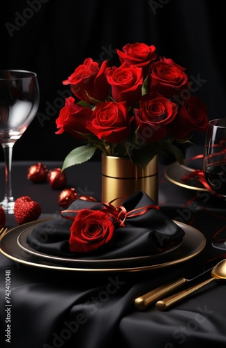 valentine day table setting with wine glasses and red roses