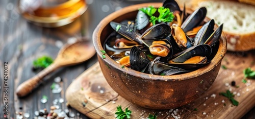 mussels are cooked in stew with bread and onions on wooden table