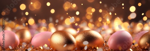 golden and pink eggs in motion with sparklers on the gold background