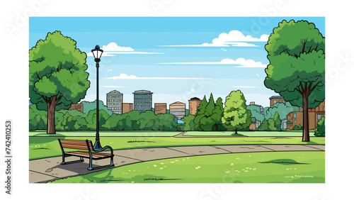 Park scene with bench and lamppost in the city vector illustration