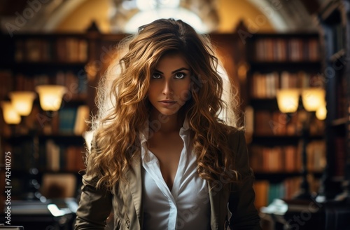 a woman in the back of a library