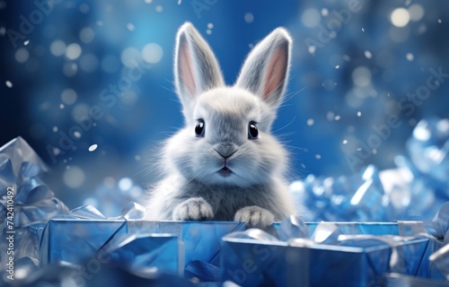 easter bunny in plastic gift box with presents