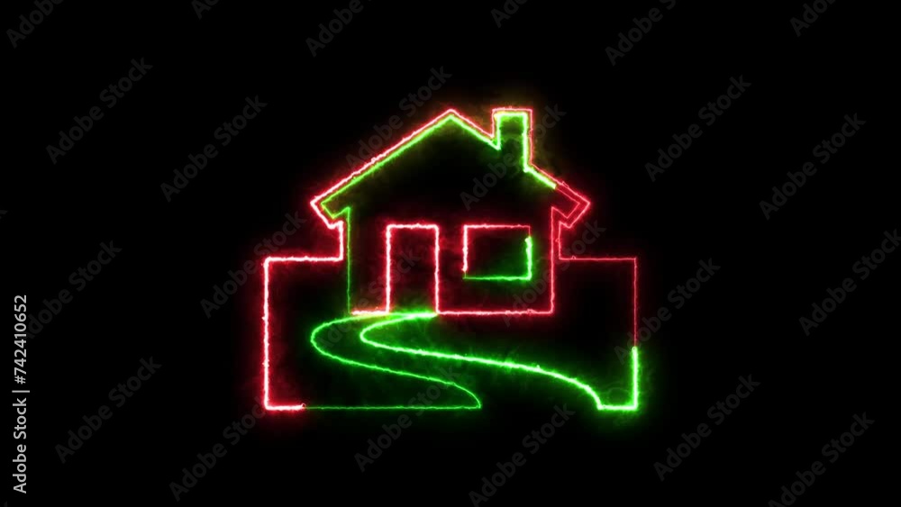 Home icon neon fire green red color animation black background Home icon neon fire green red color animation black background