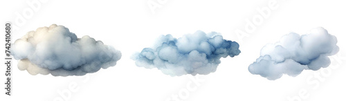 Set of fluffy clouds varying shades of blue and white, isolated on a transparent background