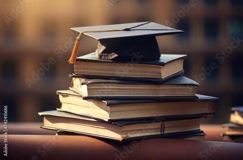 stacks of books with a graduation cap