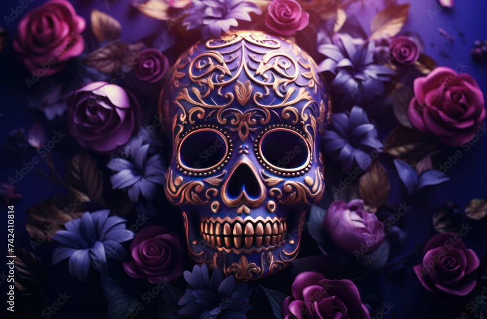 an elegant colorful day of the dead skull and flower decoration on purple background an elegant colorful day of the dead skull and flower decoration on purple background