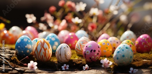 a group of colored easter eggs spread across the wood