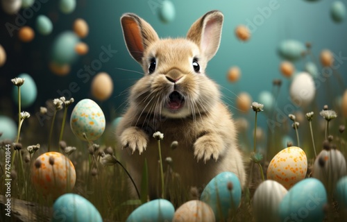 a rabbit in grass jumping around easter eggs