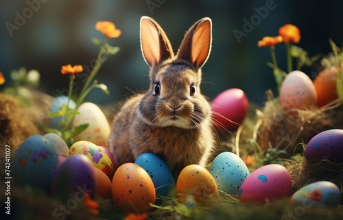 an easter rabbit with colored eggs in the grass