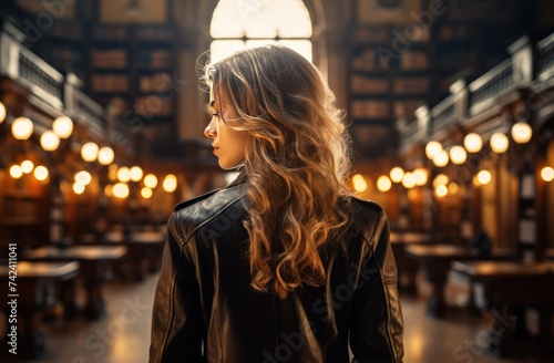 a woman in the back of a library