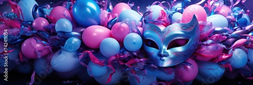 a blue and purple mardi gras mask with pink balloons