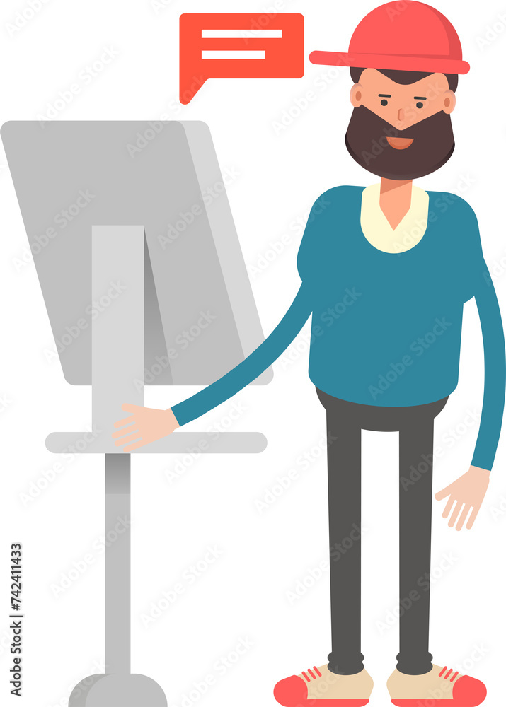 Man Wearing Red Cap Character Working on Computer
