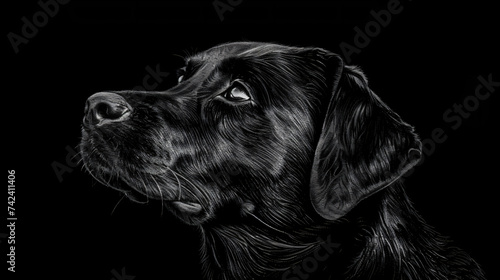 Drawing of a dog, breed Black Labrador portrait.