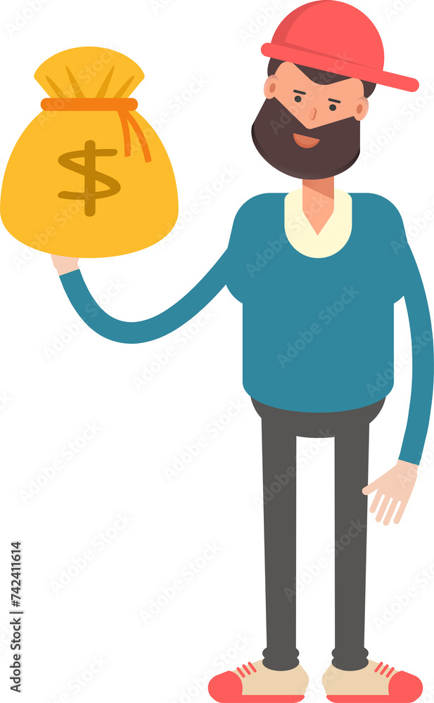 Man Wearing Red Cap Character Holding Dollar Sack

