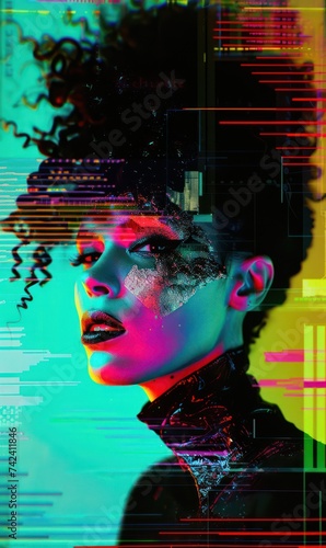 Music album cover featuring a woman with glitch effect and glowing holographic color pattern
