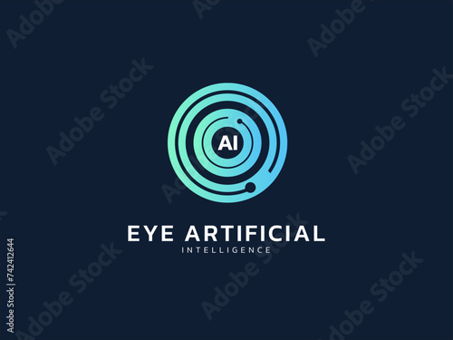 Artificial intelligence Abstract Circle Technology Analysis with circuit lines in shapes logo vector design concept. AI technology logotype symbol for search, check, examine, audit, verify concept. photo