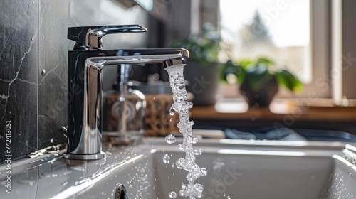 A close-up of a water-saving faucet with droplets of water falling into a sink  emphasizing conservation and eco-friendly practices in daily life.   