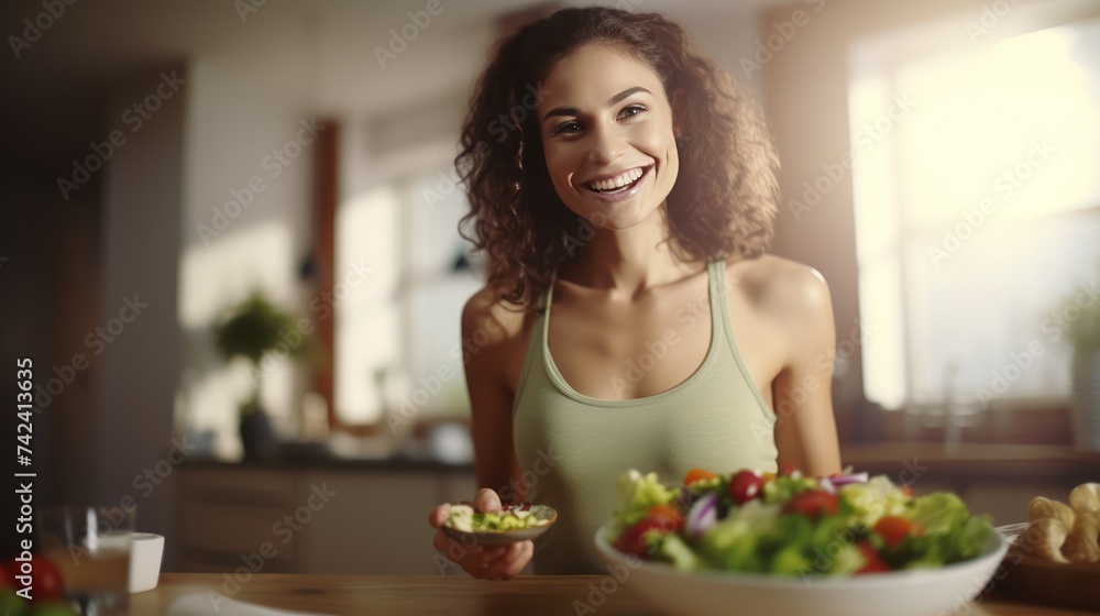 Cheerful athletic woman eats healthy salad during break at home Weight control, playing sports and eating healthy food