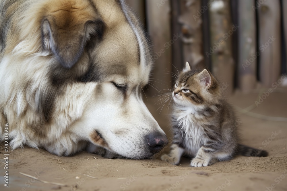 large dog and little kitten with heads touching, eyes closed