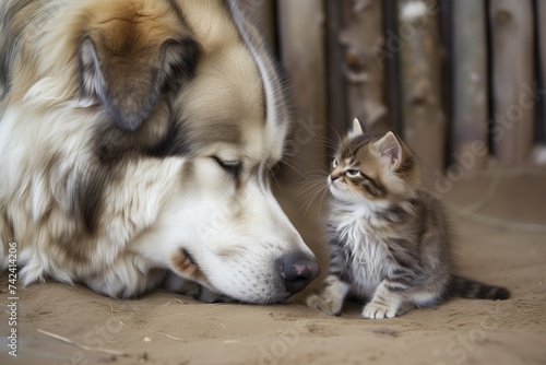 large dog and little kitten with heads touching  eyes closed
