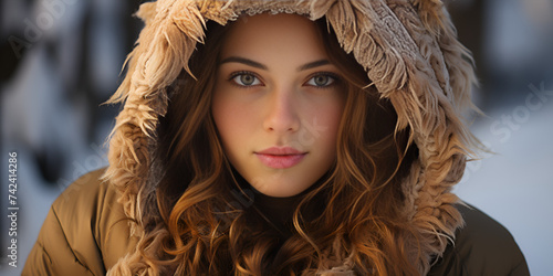 close up of a beautiful young blonde girl in a white knitted hat and scarf. Winter Charm: Close-Up of a Blonde Girl in White Knitwear