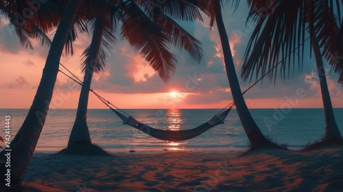Hammock Hanging Between Two Palm Trees on a Beach © Yana