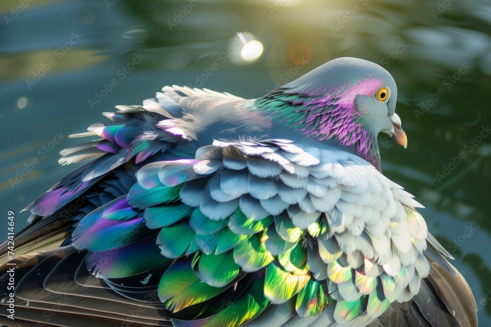 Fototapeta premium pigeon with iridescent feathers bathing in sunlight