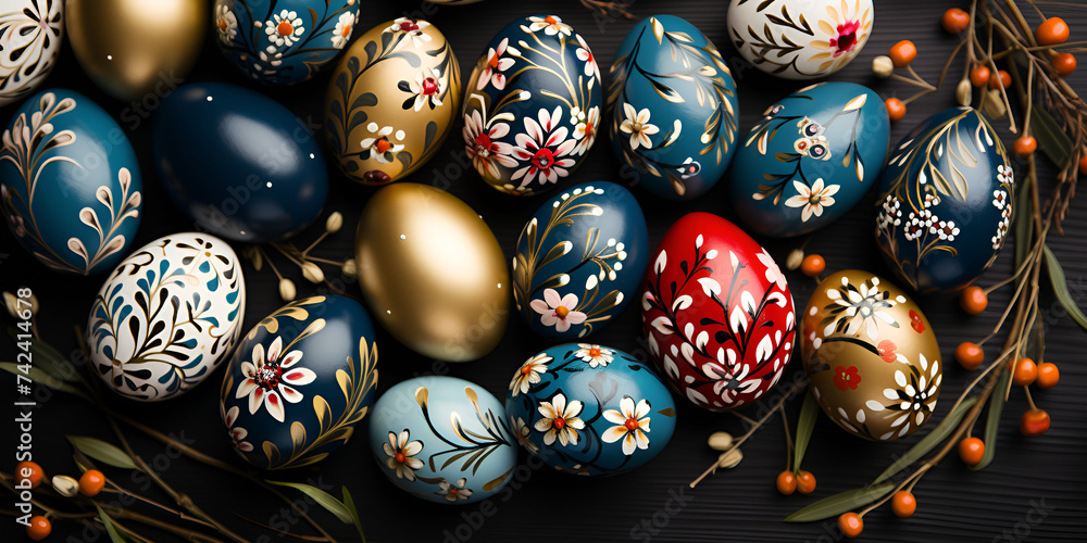 Easter eggs decorated on a black background. Easter eggs with painted flowers and patterns on black background