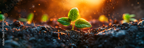 Young plant sprouting from the ground, symbolizing growth, new beginnings, and the nurturing aspects of nature and ecology photo